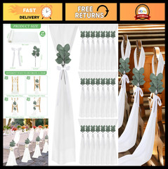 48 Sets White Chiffon Chair Sashes with Ribbon Bows & Eucalyptus for Wedding Ais