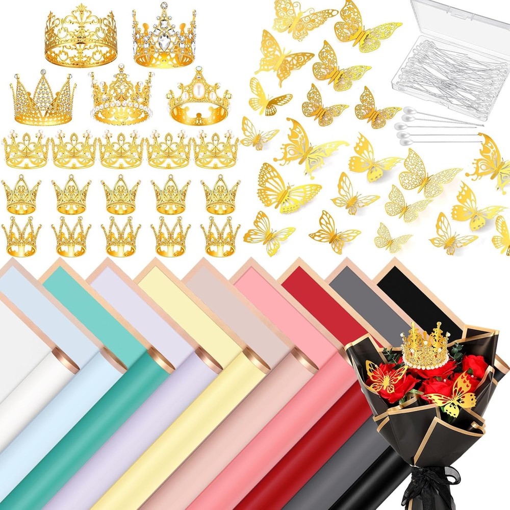 Huquary 440 Pcs Flower Wrapping Paper Bulk Crown Cake Topper Bouquet Wedding