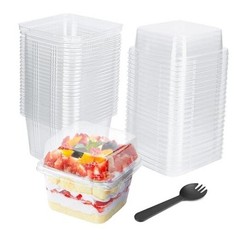 YOIYINI 25Pcs 8oz Mini Square Clear Dessert Cups with Lids and Spoons,Plastic