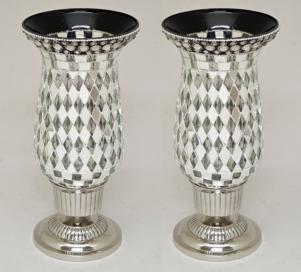 Candle Holder 5″D 10.5″Hi Set/2 Nickel Plated & Mirror Mosaic Shade FREE SHIPING