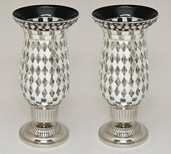 Candle Holder 5″D 10.5″Hi Set/2 Nickel Plated & Mirror Mosaic Shade FREE SHIPING