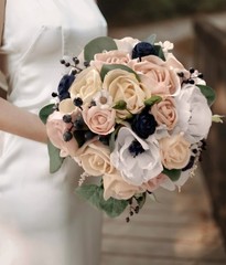 Navy Anemone Blush Pink Champagne Bridal Bouquet & Sola Wood Wedding Flowers