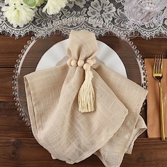 4 Cream Round Wood Bead Napkin Rings Tassels Wedding Party Events 7″,