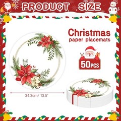 50 Pcs Christmas Paper Placemats Disposable Christmas Poinsettia & Pine Wreath