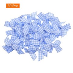 30Pcs Mini Gingham Ribbon Bow 1.5″ Checkered Fabric Satin Light Blue and White