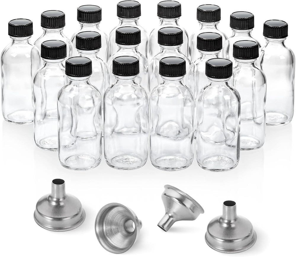 18 Botellas de Vidrio Transparente 60ml con Tapas y Embudos Acero Inoxidable 2oz