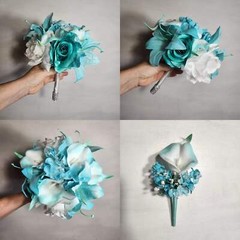 Aqua White Rose Tiger Lily Bridal Wedding Bouquet Accessories