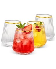 Pack 12oz Stemless Plastic Wine Glasses – Clear Ribbed Cups 36 Clear and Gold