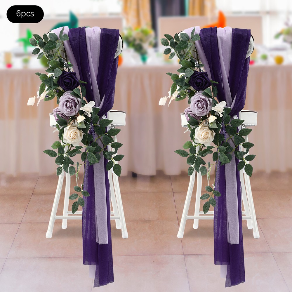 Bohemia Wedding Chair Decorations 6Pcs Purple Beige Green Floral Arrangement