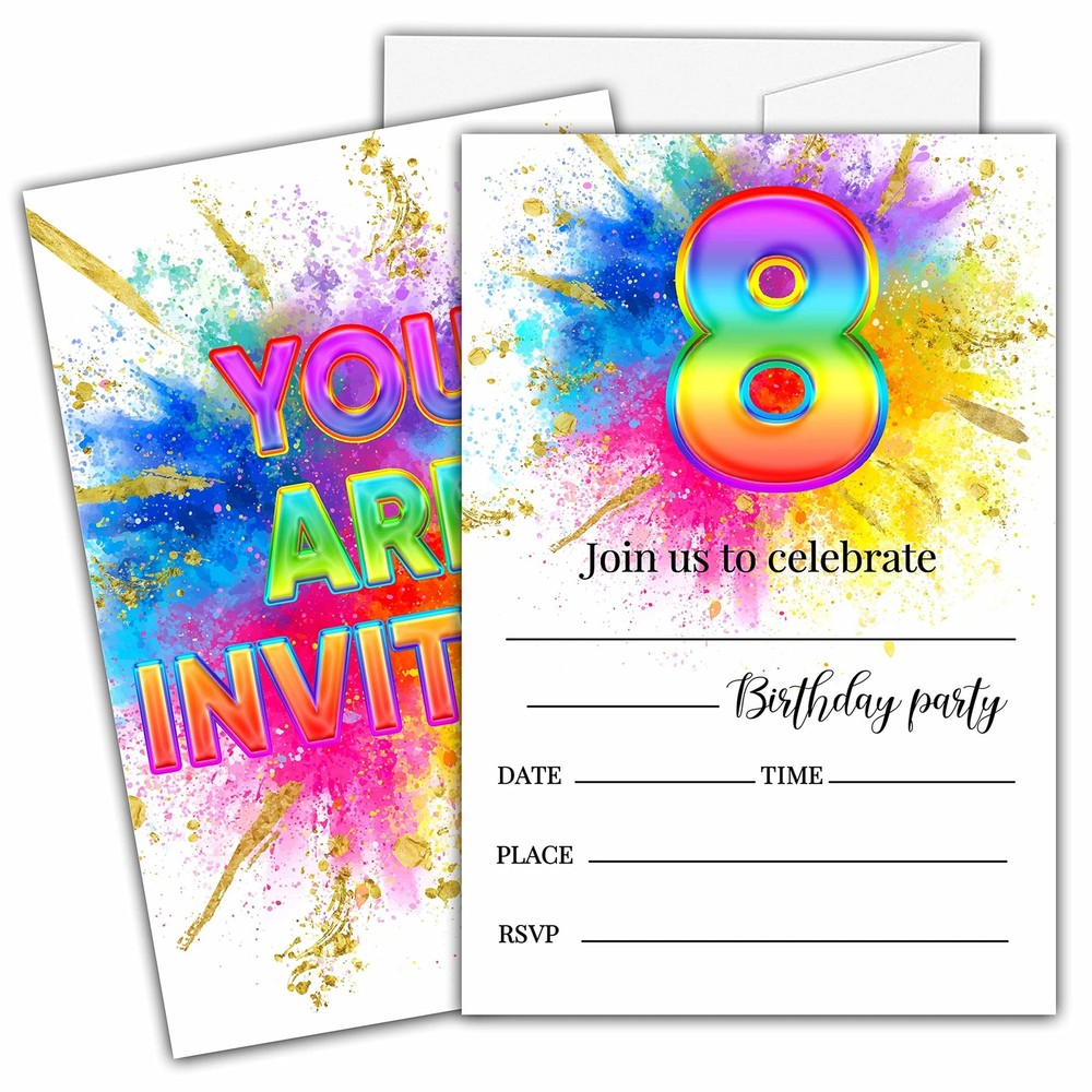Ycyfckdr 8th Birthday Invitations for Kids, Rainbow Painting Birthday Party I…