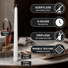 White 10-Inch Taper Candles: Unscented Smokeless Dripless 4 Pack,