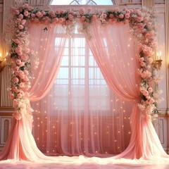 10x8ft Tulle Backdrop Curtain with Lights String for 2 Panels(5*8FT) Dusty Rose