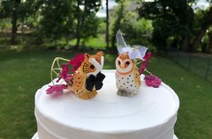 Owl Cake Top Bride Groom Love Wedding Engagement Carved Wood Statue Barn Horned