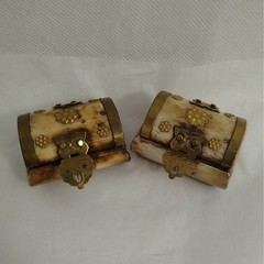 Vintage Wedding Ring Box Pair Carved Bovine Ox Bone Brass Trinket Chest Set 2pc