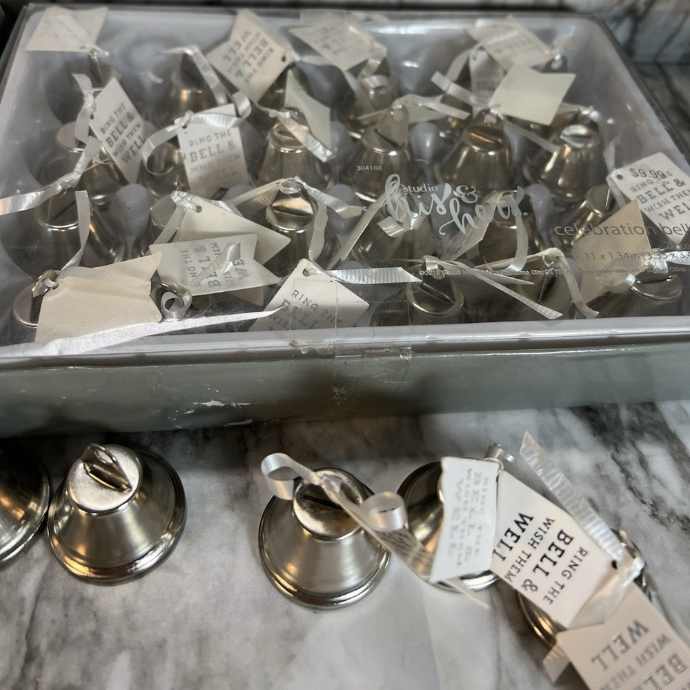 Studio His & Hers Silver Metal Wedding Bells Set with Ribbon & Tag, 24 Pieces