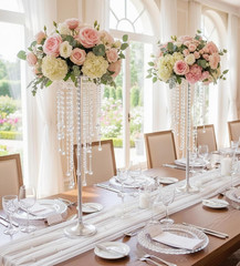 41″Tall Silver Flower Stands for Table Centerpieces w/ Crystal Beads – Set of 2