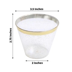 25 Clear 9 oz Glittered Plastic Cups Gold Rim Party Events Decorations Supplies