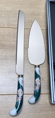 Sheffield England Cake Knife Server Set Floral Porcelain Handles Box Vintage USA