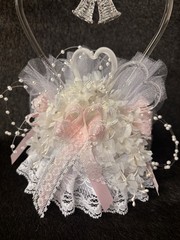 Blown Glass Bells Wedding Cake Topper White Pink Lace 8.5” Tall