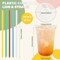 Set of 100 16oz Clear Plastic Cups—Colorful Straws—16 Fluid Ounces