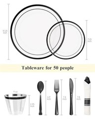 3Pcs Clear Disposable Plastic Party Plate Cup Napkin Sets | 50 Black