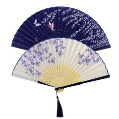 Bantoye 2 Pieces Handheld Fans, Silk Folding Fans with Bamboo White Blue