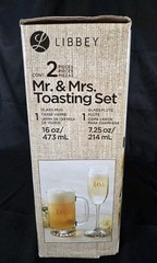 Libbey Mr & Mrs Toasting Set of 2 Glass Mug 16oz Flute 7.25oz w Box Wedding Gift