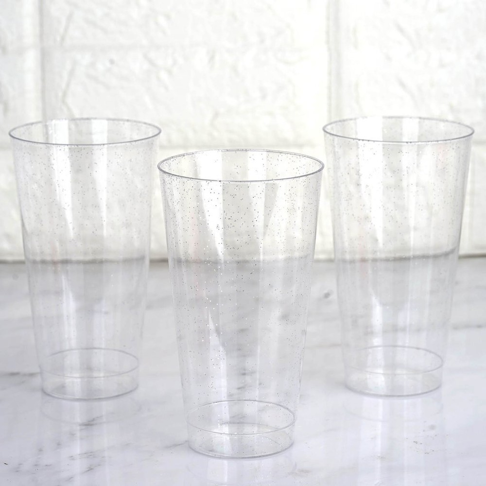 16 oz Plastic CLEAR Silver Glittered Cocktail Disposable Glasses Party Catering
