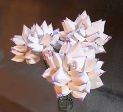 7 Handmade Paper Flowers on stems (White w/Purple tips) for Wedding, Valentine’s