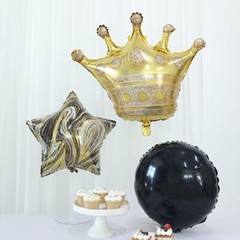 6 Gold Black White Round Crown Stars Mylar Foil BALLOONS Set Party Decorations