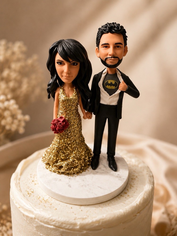Superhero Bride and Groom Wedding Cake Topper Figurine Gold Black White