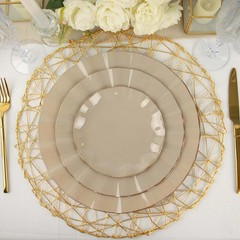 10 TAUPE 6″ Round PLASTIC Salad Dinner PLATES Gold Wavy Rim Wedding Party