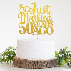 Just Married 50 Years Ago Cake Topper, Gold Glitter 50th Wedding
