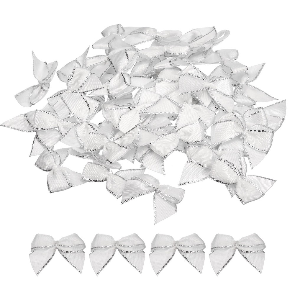 100Pcs Mini Metallic Edge Ribbon Bow 1″ Flower Bows Soft Silver Edge White