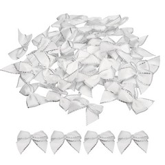 100Pcs Mini Metallic Edge Ribbon Bow 1″ Flower Bows Soft Silver Edge White