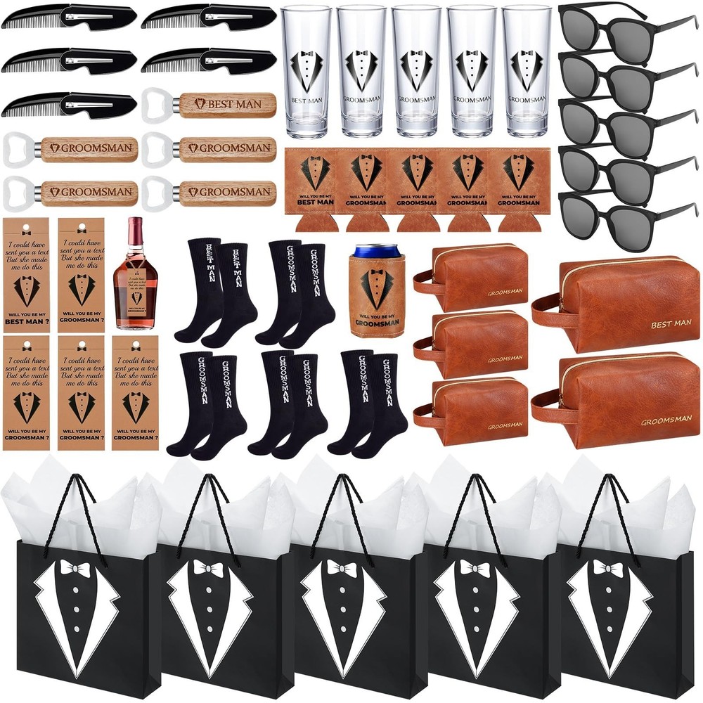 50Pcs Groomsmen Gifts Groomsmen Proposal Box with Shot Glasses Socks Sunglass…