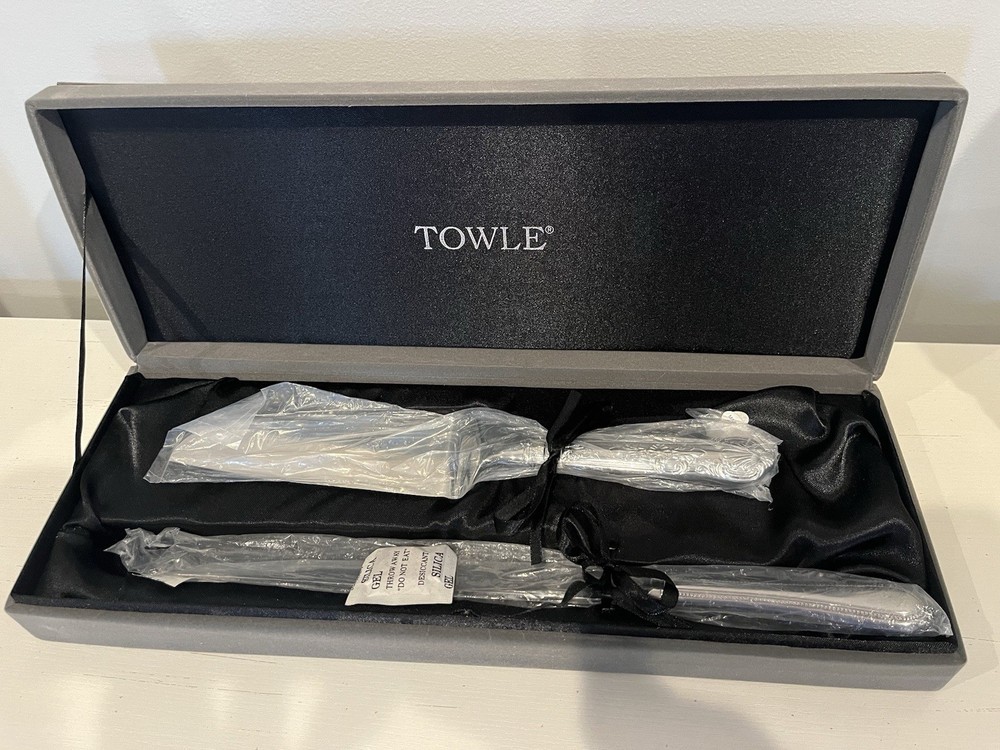 Towle Silver Metal Cake Knife & Server Set Floral Handle Glossy Gift Box