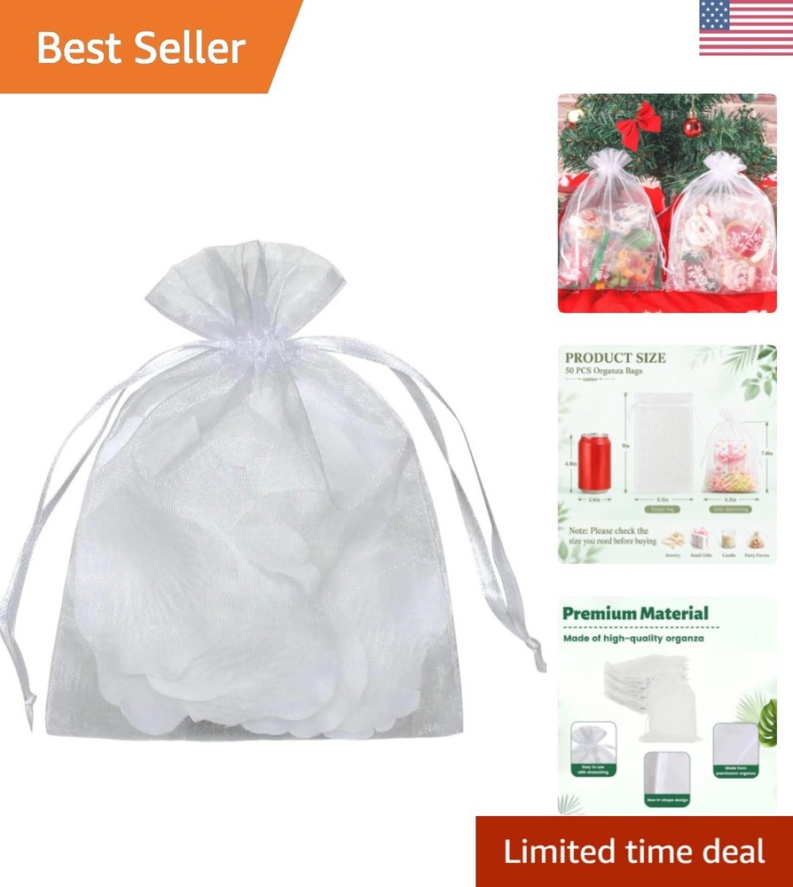 50pcs Elegant White Organza Drawstring Bags 6×9 – Perfect for Parties and Gifts