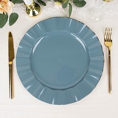 10 DUSTY BLUE 11″ Round PLASTIC Salad Dinner PLATES Gold Wavy Rim Wedding Party