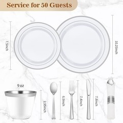 350PCS Plastic Dinnerware Set, Disposable Party Plates for 50 Guests Silver