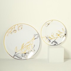 20 Round WHITE Plastic Salad Dinner PLATES Gold Floral Design Party Decorations