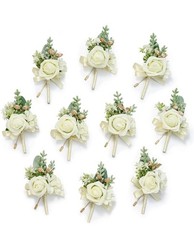 Serwalin Artificial White Rose Wedding Boutonnière Set of 10 Fabric Plastic