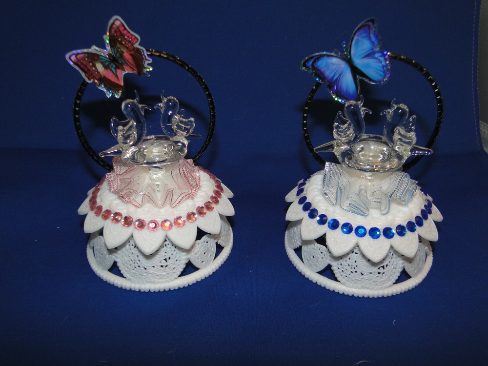 New Handmade Petite Love Birds and Bird Bath with Butterfly in Pink or Blue