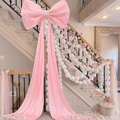 Giant Pink Bow with 100 Pcs White Link Balloons, 31 x 181 Inch Large Ice Silk