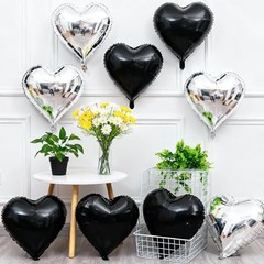 Heart Balloons, 18Inch Silver and Black Heart Foil Balloons, 12PCS Black Silver