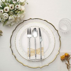 50 CLEAR 10″ Round Salad PLATES Hammered GOLD Trim Party Events Wedding Supplies