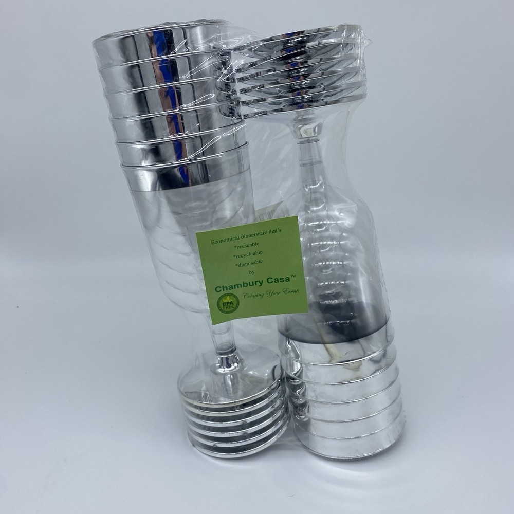 12 Plastic SILVER Rimmed CLEAR WINE GLASSES CUPS Disposable Party Home