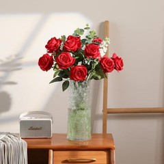 12PCS Artificial Flowers Fake Roses, Realistic Silk Long 6 Flowers 6 Buds Red