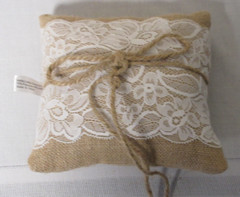 Studio His & Hers Burlap & Lace Floral Wedding Ring Pillow Jute tie
