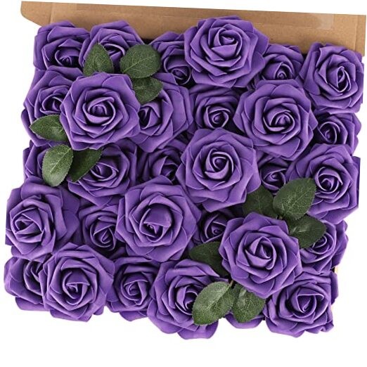 Purple Artificial Flowers Fake Roses with Stem Real Touch Soft 30PCS Purple-1